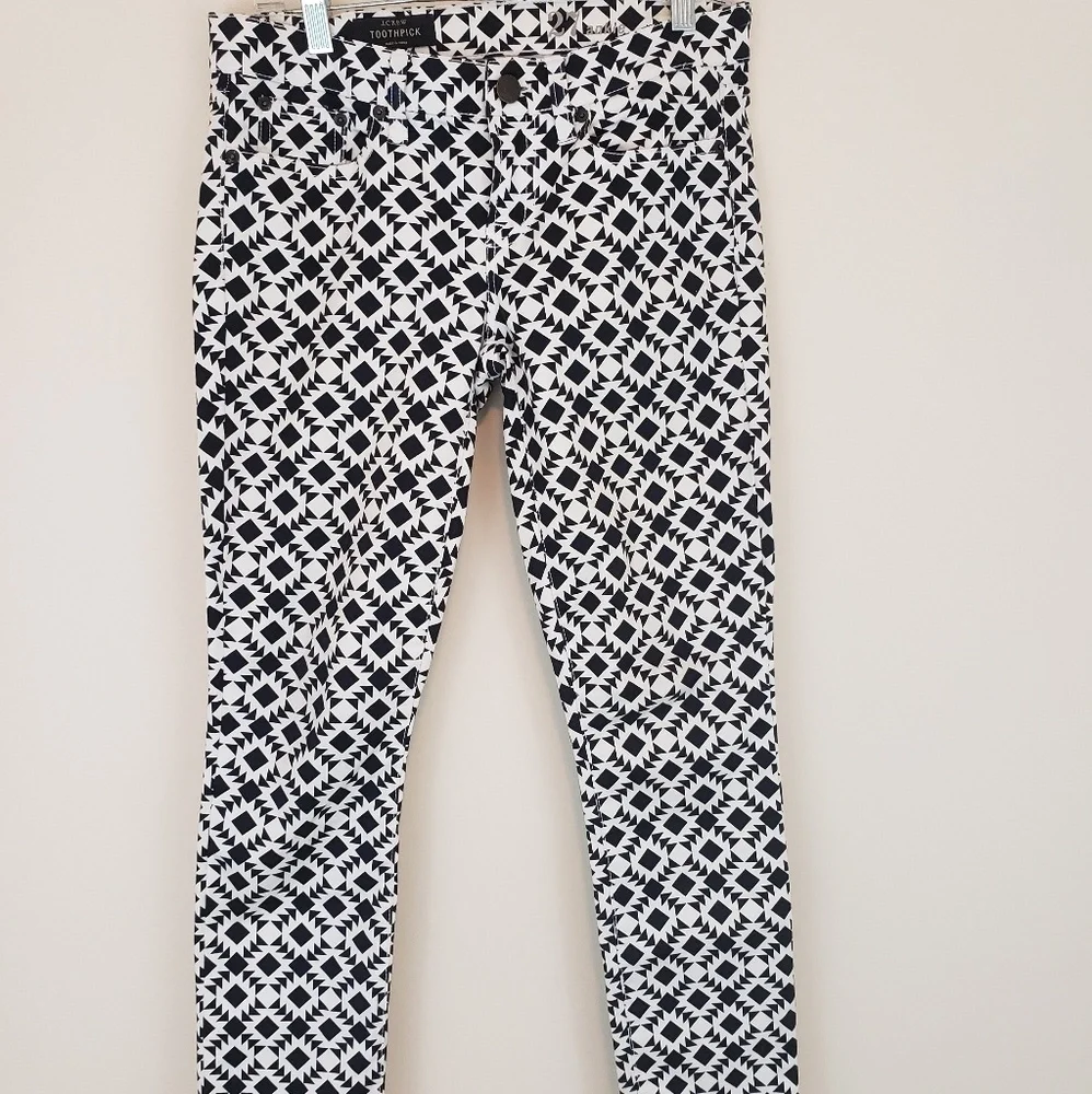 J. Crew Mosaic Print Toothpick Skinny Jeans Navy Blue White Size 27 Size 4